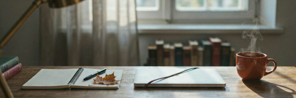 Bureau de travail d’un étudiant en automne, avec cahiers, tasse chaude et lumière douce
