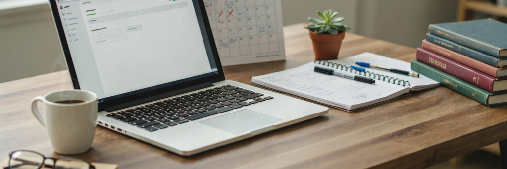 Bureau avec ordinateur, agenda et supports de Terminale pour organiser bac et candidature post-bac