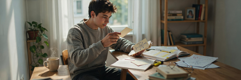 Étudiant révisant avec des flashcards et des supports de sciences